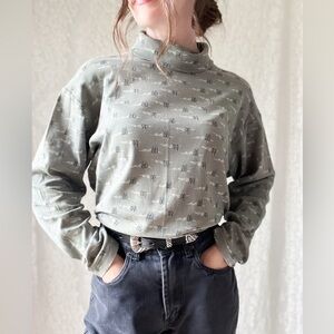 Green 90s Style Turtle Neck Mountains & Trees Long Sleeve Top